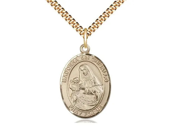 St Madonna Del Ghisallo 14kt Gold Filled Pendant on a 24 inch Gold Plate Heavy Curb Chain.