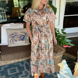 UAKISS  -  Lady Fashion Belt Slim Office Dress Elegant 2025 Pattern Print V-Neck Commute Long Dress Casual Short Sleeve Pocket Party Dress
