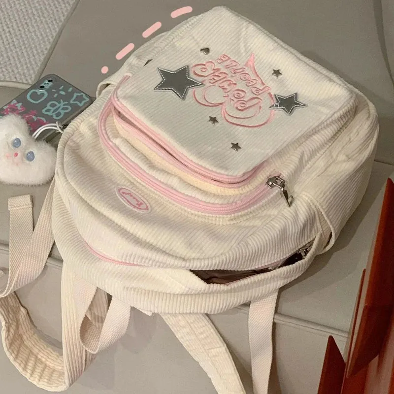 Uakiss Y2K Backpacks Women Letter Embroidered Corduroy Small Capacity Casual Commute Mochilas Para Mujer Subculture Bag Female