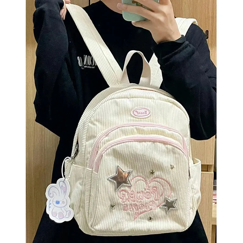 Uakiss Y2K Backpacks Women Letter Embroidered Corduroy Small Capacity Casual Commute Mochilas Para Mujer Subculture Bag Female