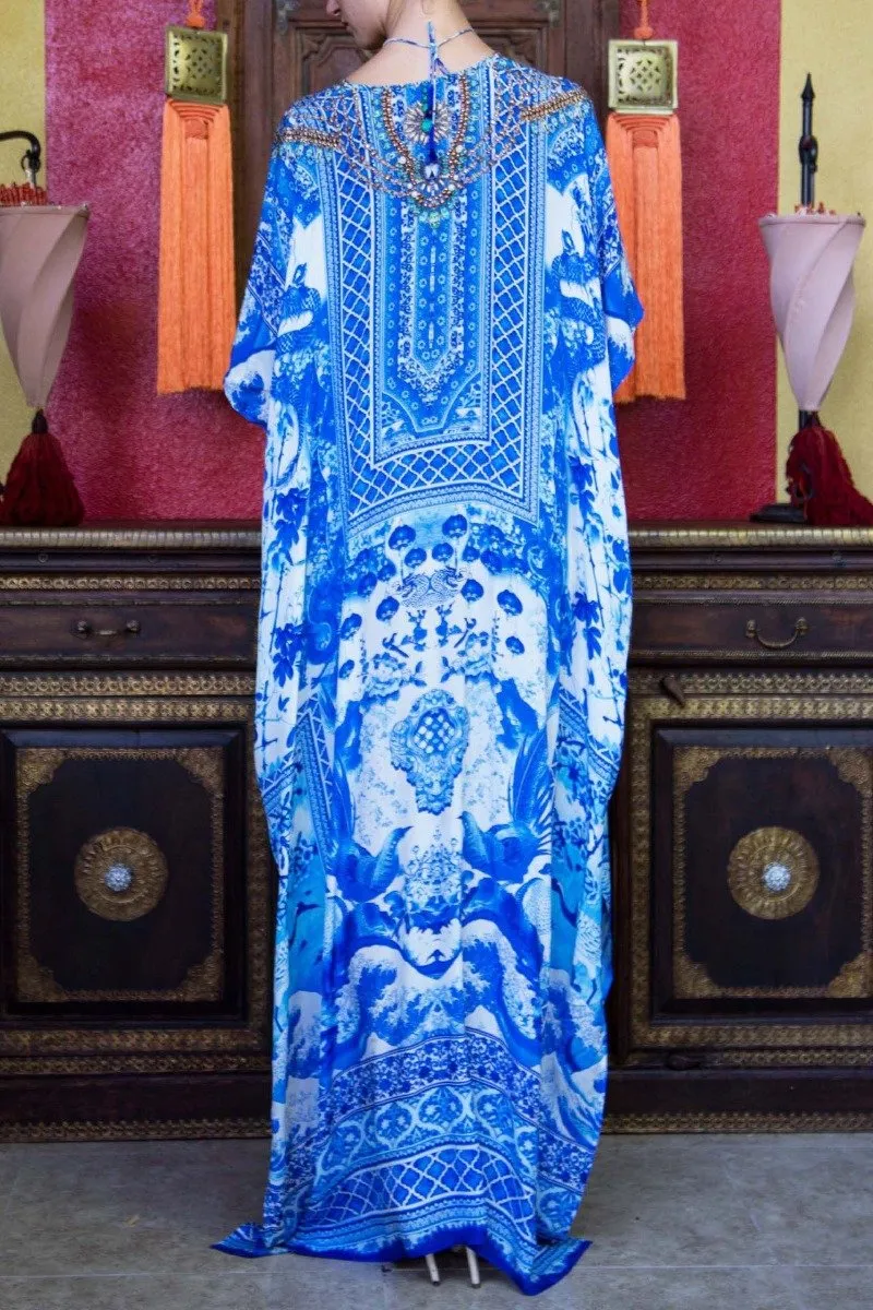 V Neck Long Kaftan blue and white