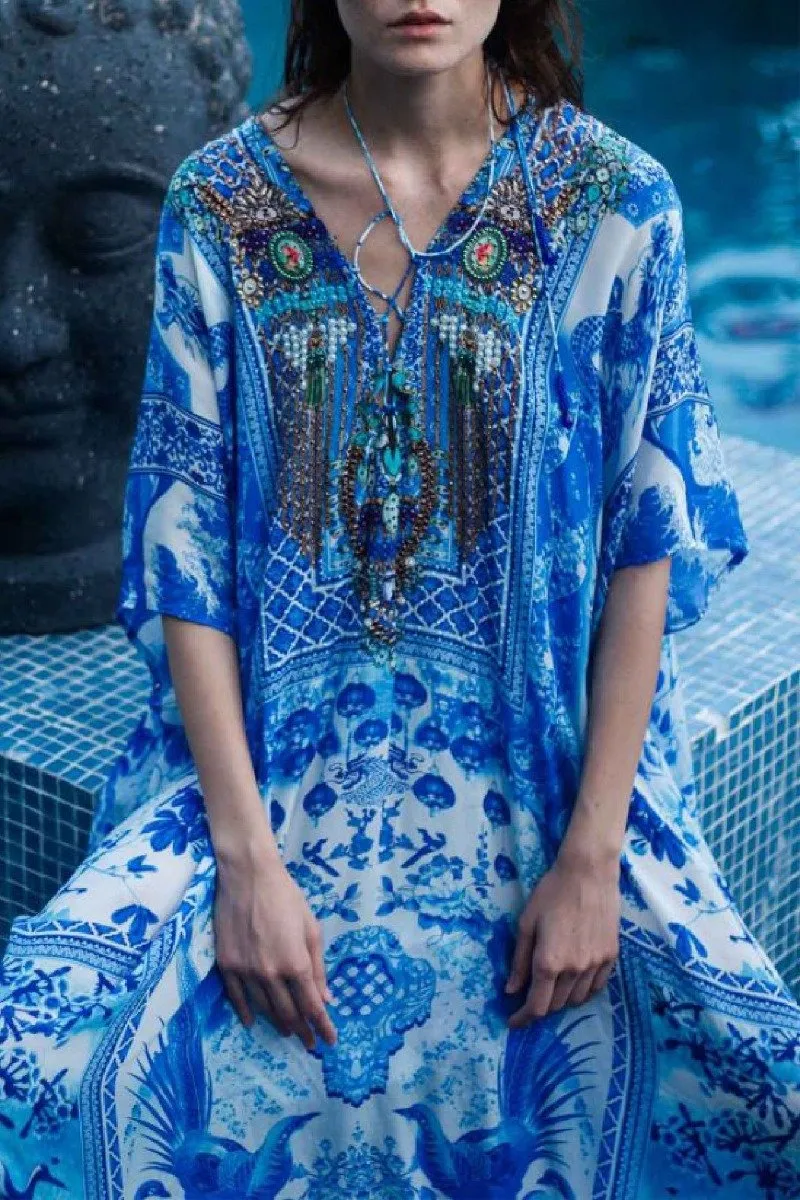 V Neck Long Kaftan blue and white