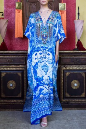 V Neck Long Kaftan blue and white