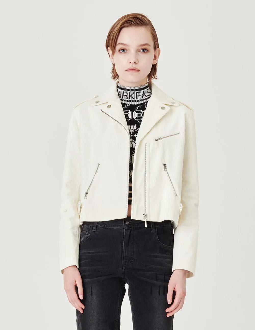 White Corduroy Biker Jacket