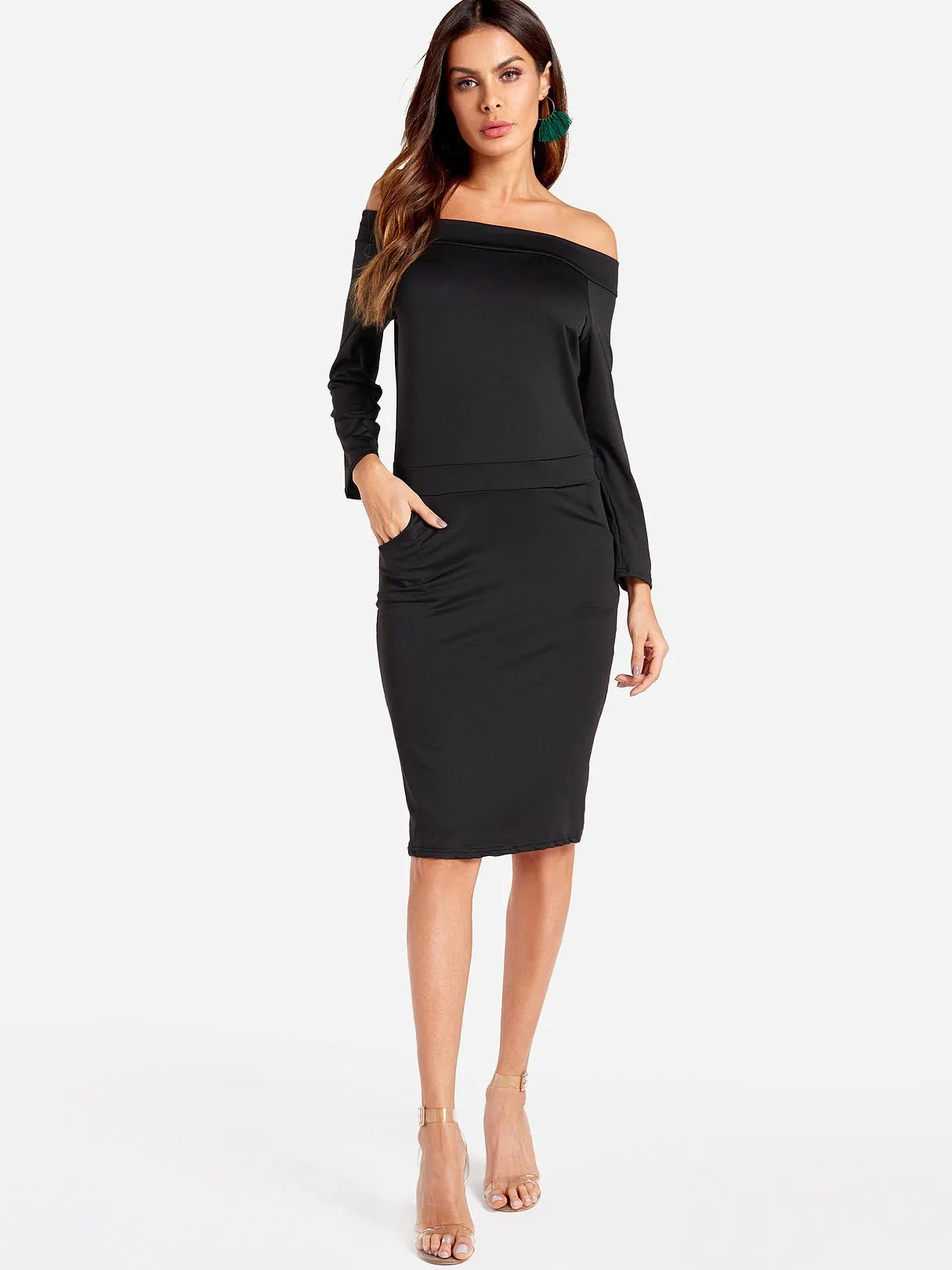 Wholesale Off The Shoulder Long Sleeve Side Pockets Dresses