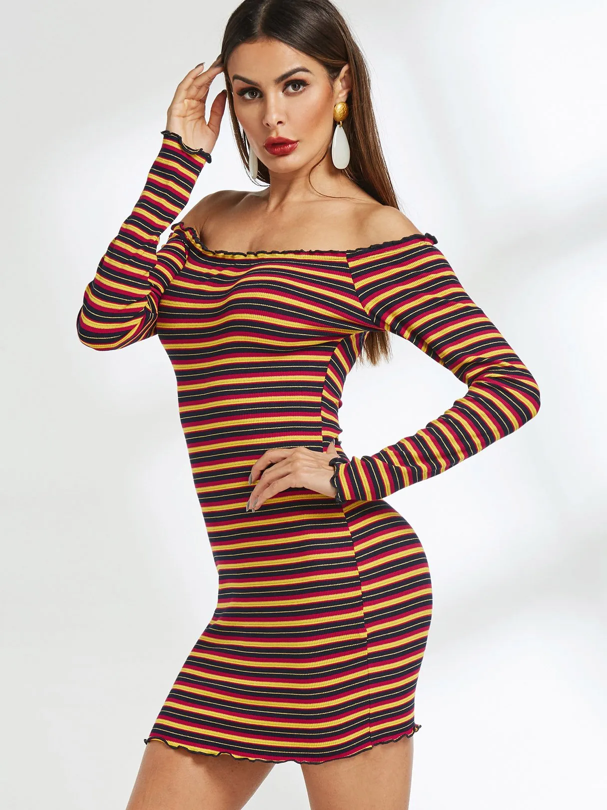 Wholesale Off The Shoulder Long Sleeve Stripe Dresses