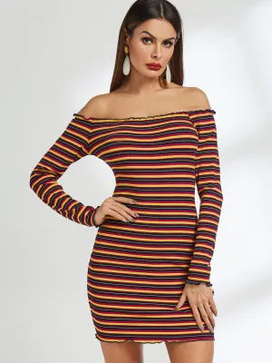 Wholesale Off The Shoulder Long Sleeve Stripe Dresses
