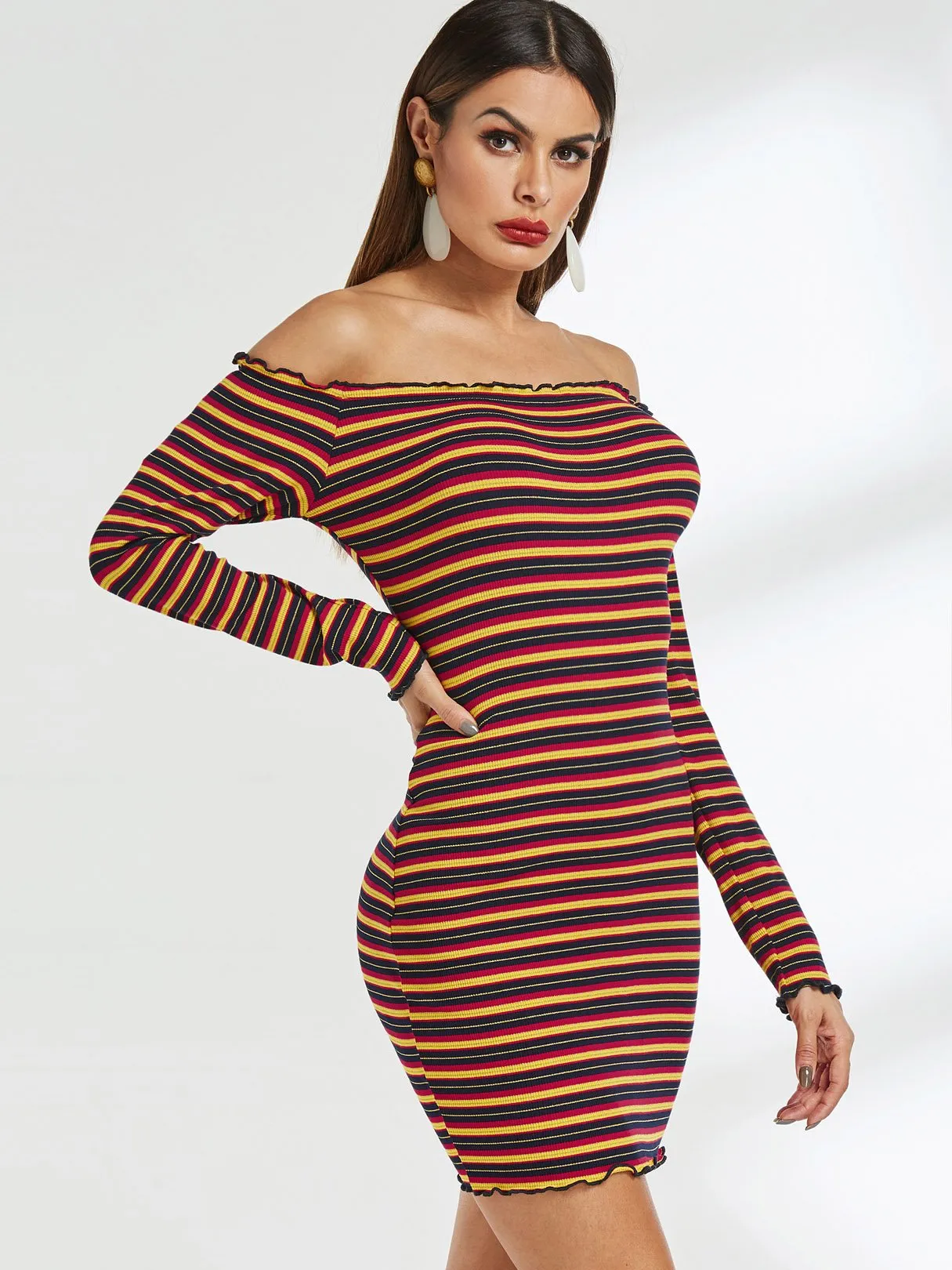 Wholesale Off The Shoulder Long Sleeve Stripe Dresses