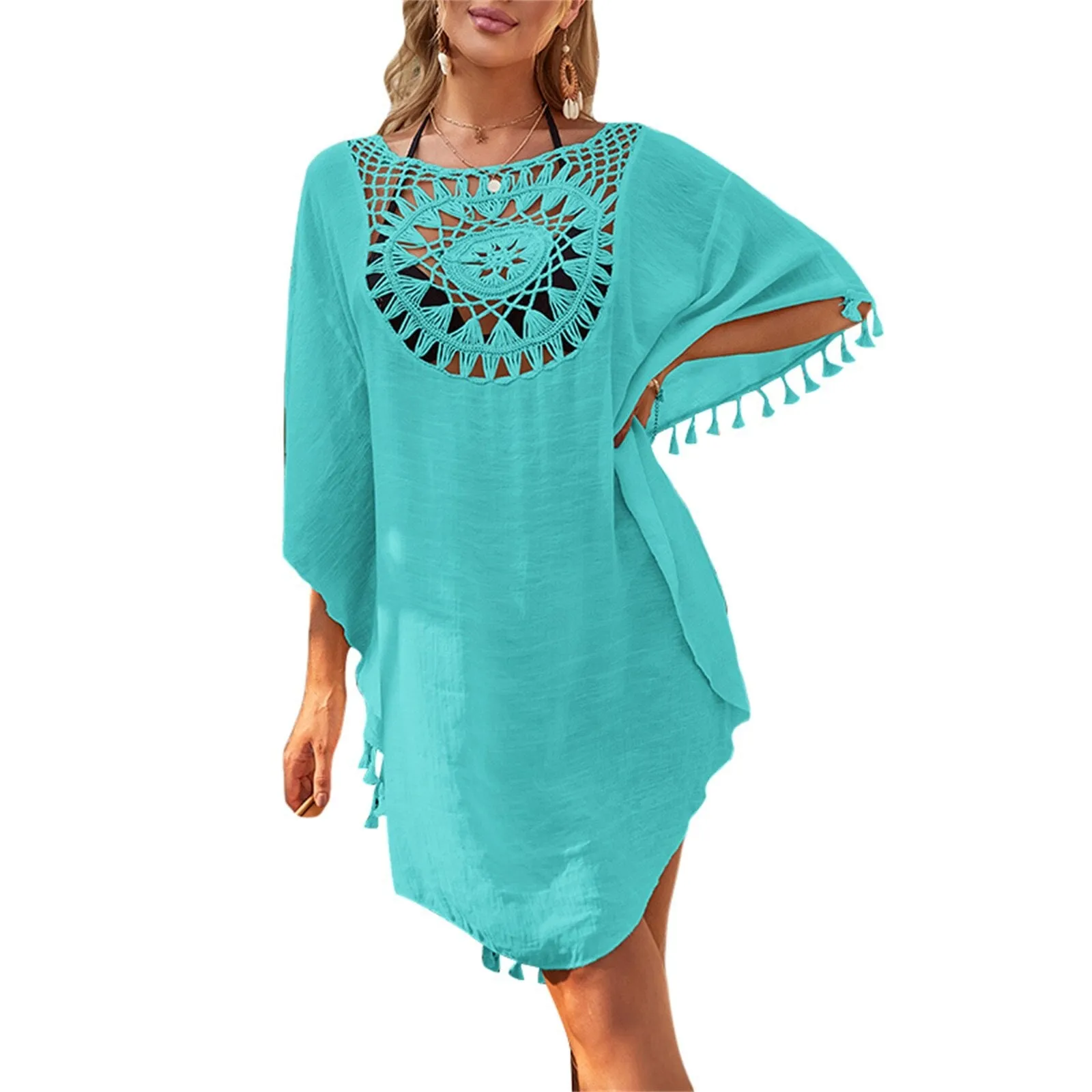 Women's Short Sleeve Tassel Bikini Cover-ups Solid Crochet Pattern Beachwear