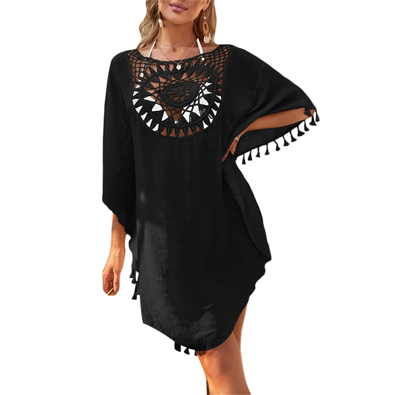 Women's Short Sleeve Tassel Bikini Cover-ups Solid Crochet Pattern Beachwear
