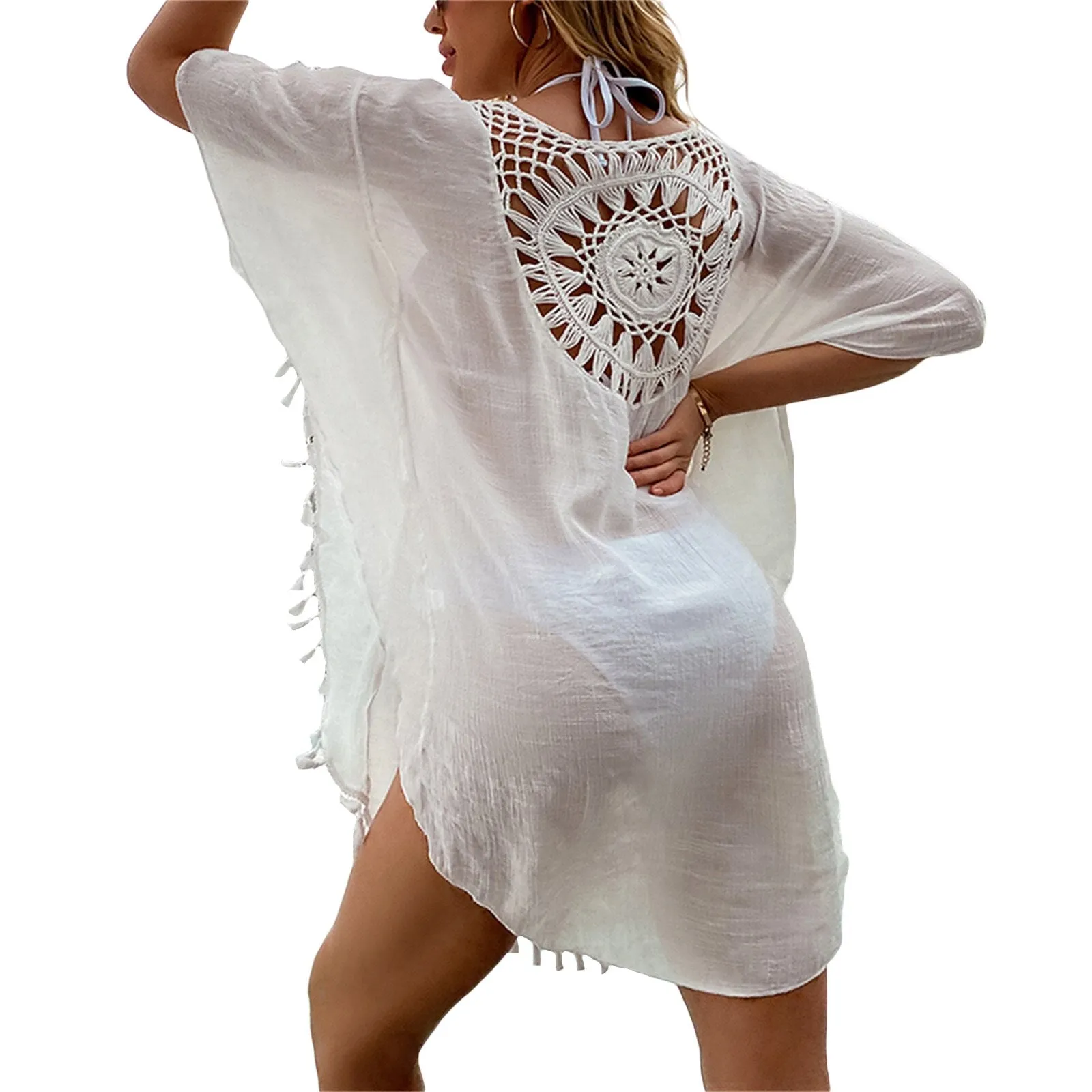 Women's Short Sleeve Tassel Bikini Cover-ups Solid Crochet Pattern Beachwear