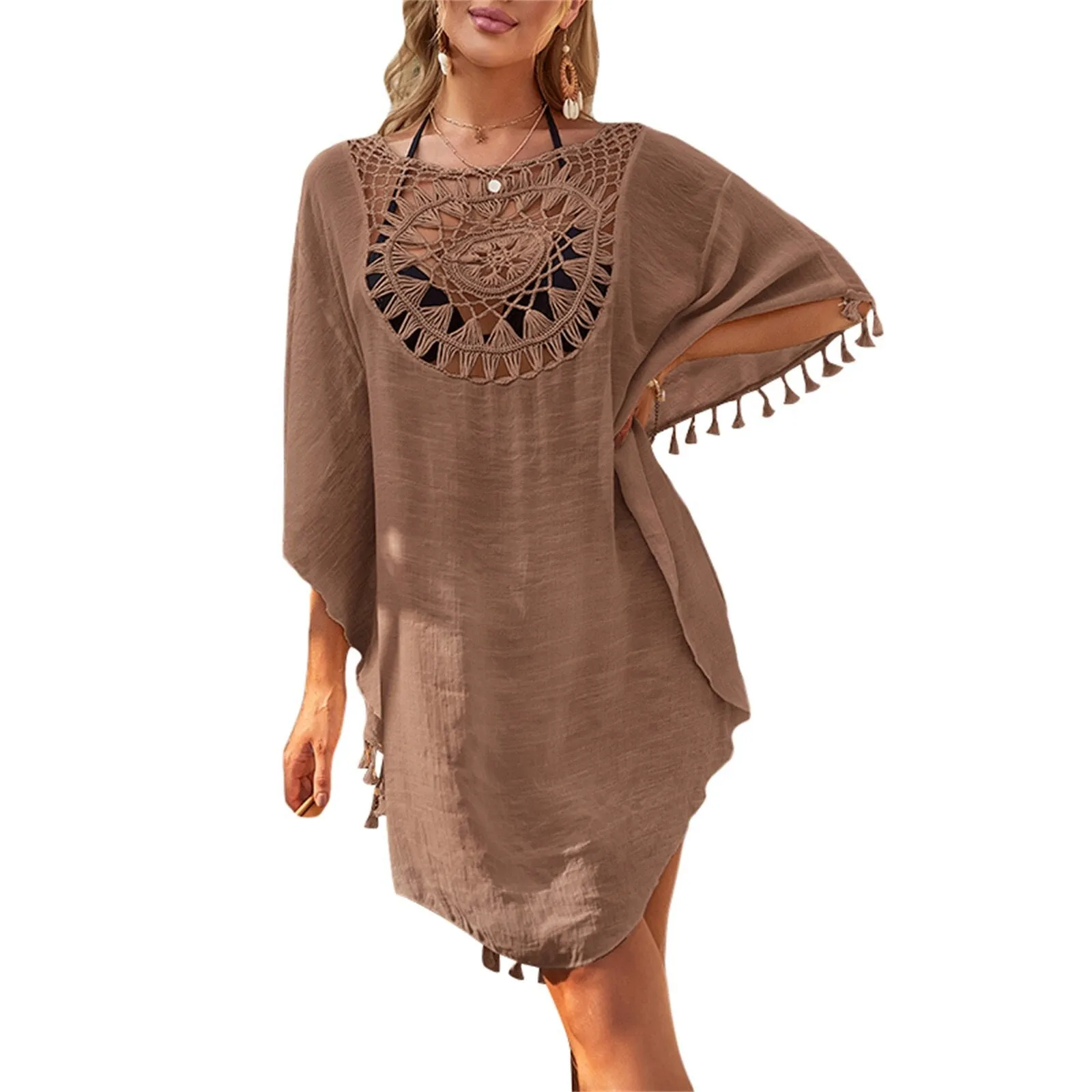 Women's Short Sleeve Tassel Bikini Cover-ups Solid Crochet Pattern Beachwear