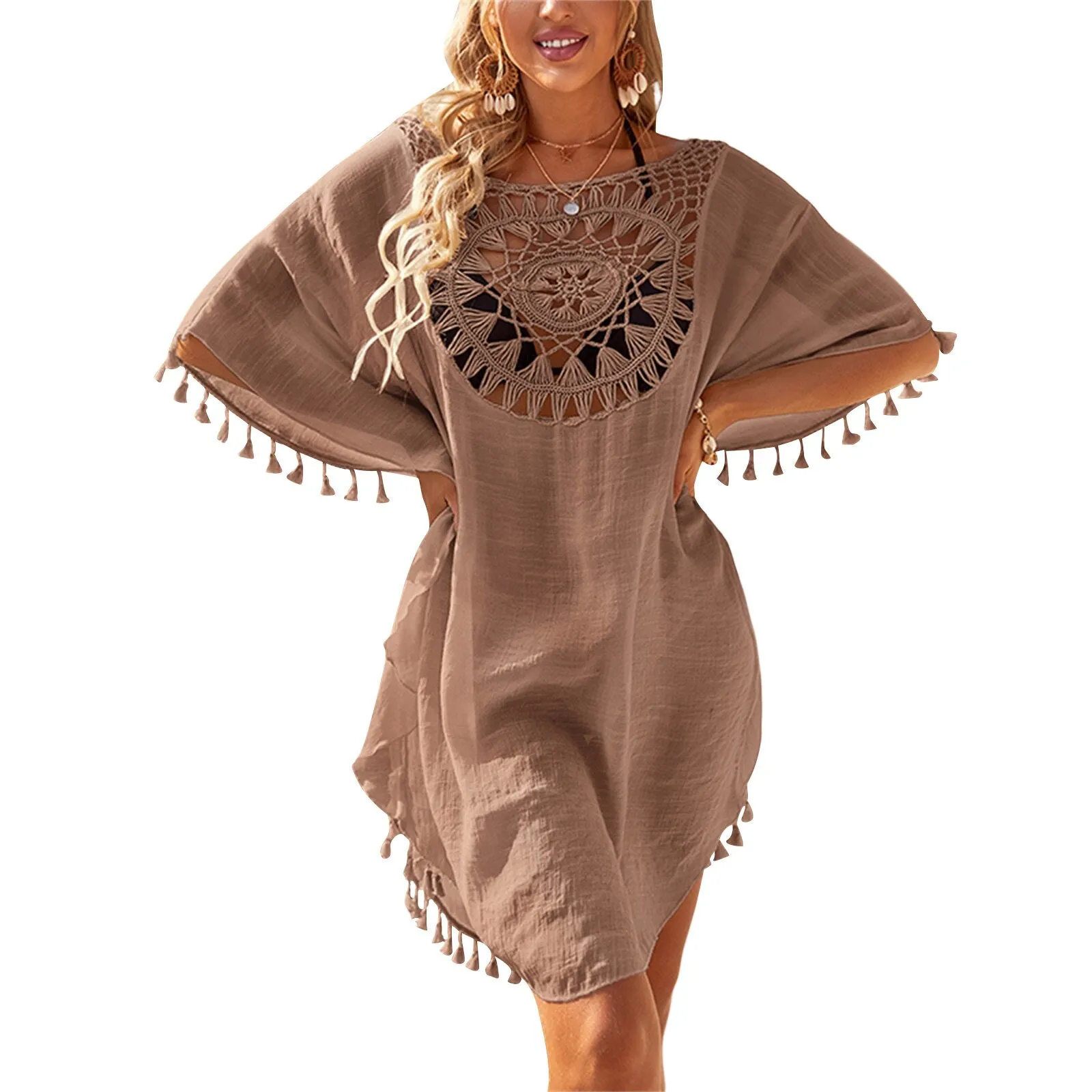 Women's Short Sleeve Tassel Bikini Cover-ups Solid Crochet Pattern Beachwear