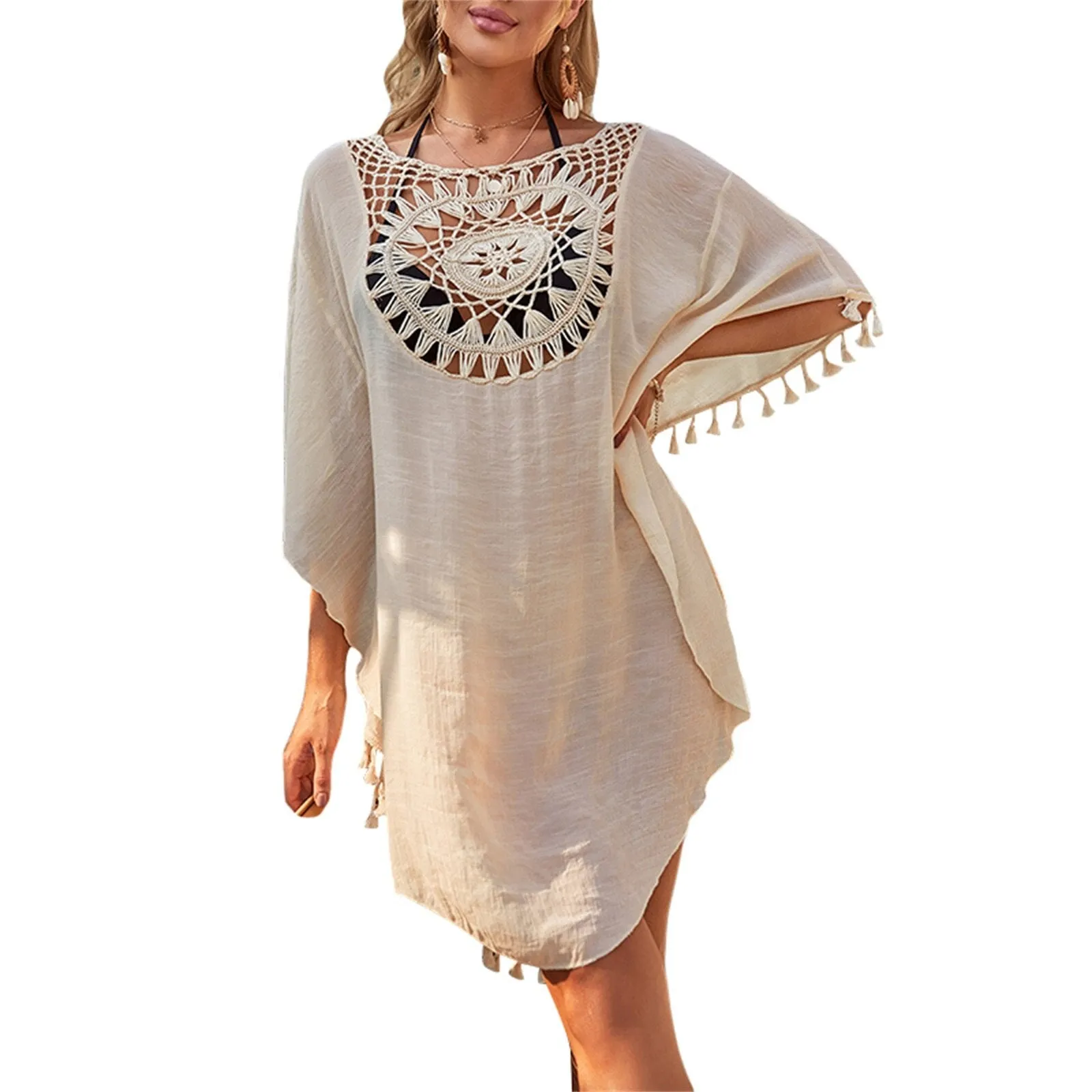 Women's Short Sleeve Tassel Bikini Cover-ups Solid Crochet Pattern Beachwear