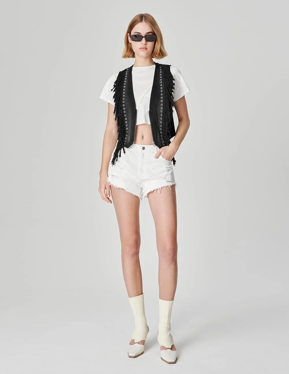Women's Washed Denim Fringed Vest