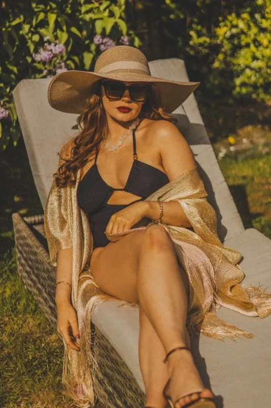 Xander Kostroma - Metallic Gold Kimono Beach Coverup Gold –Lightweight & Sustainable – For Stylish Beach Lovers