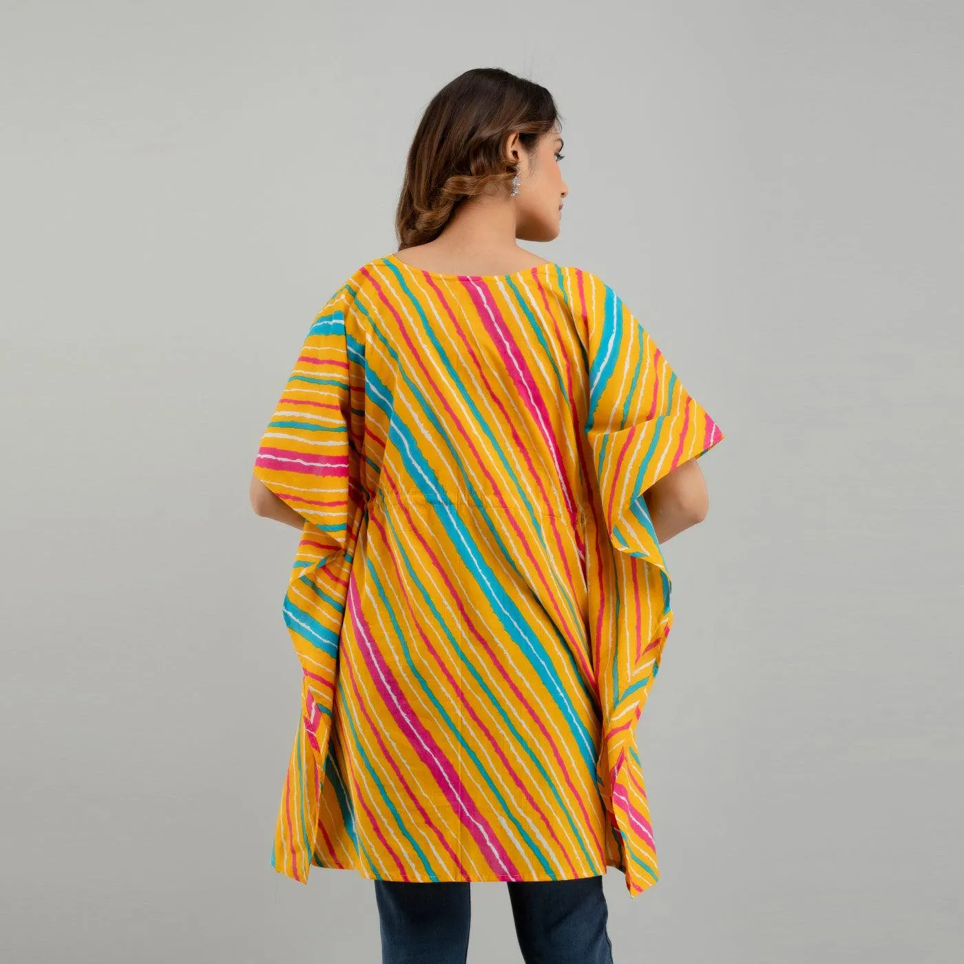 Yellow Leheriya Print Cotton Kaftan Dress (SHKUP1227)