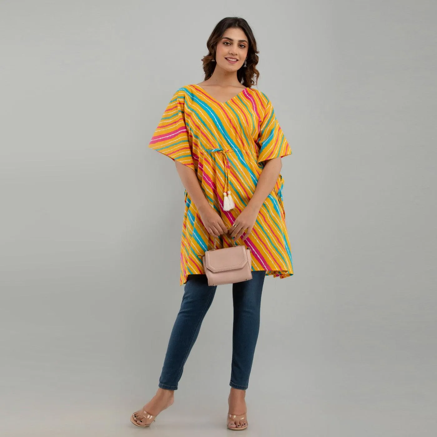Yellow Leheriya Print Cotton Kaftan Dress (SHKUP1227)