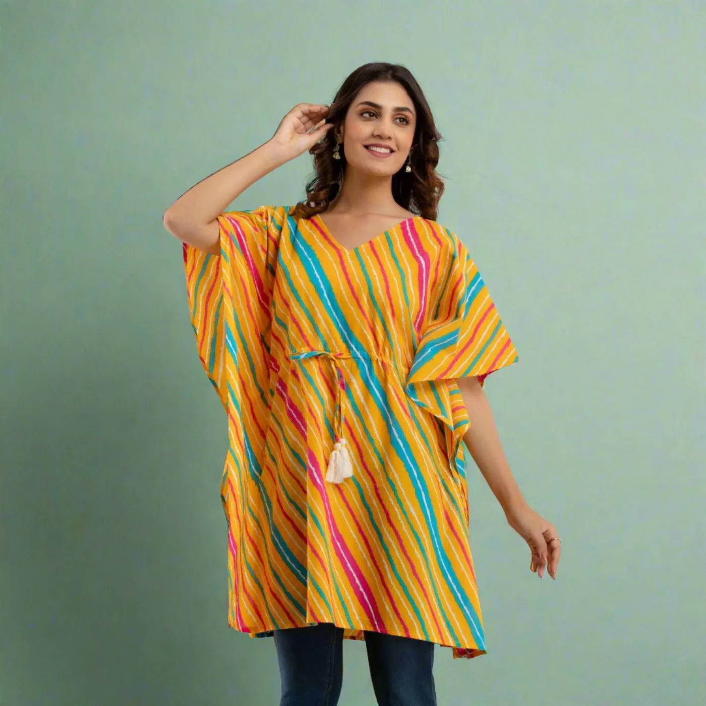 Yellow Leheriya Print Cotton Kaftan Dress (SHKUP1227)