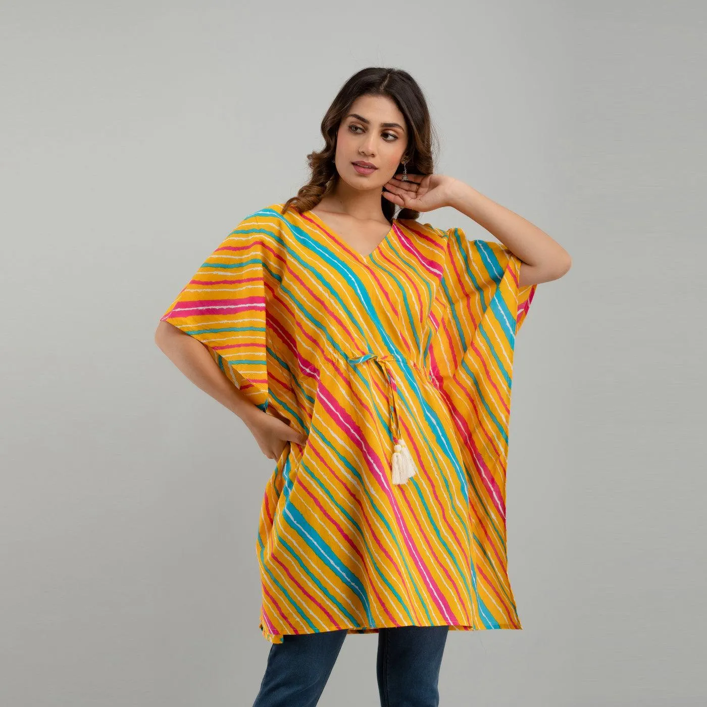 Yellow Leheriya Print Cotton Kaftan Dress (SHKUP1227)