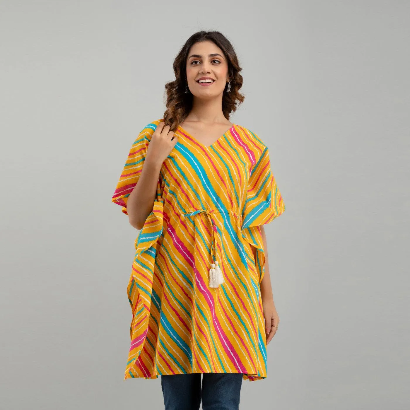 Yellow Leheriya Print Cotton Kaftan Dress (SHKUP1227)