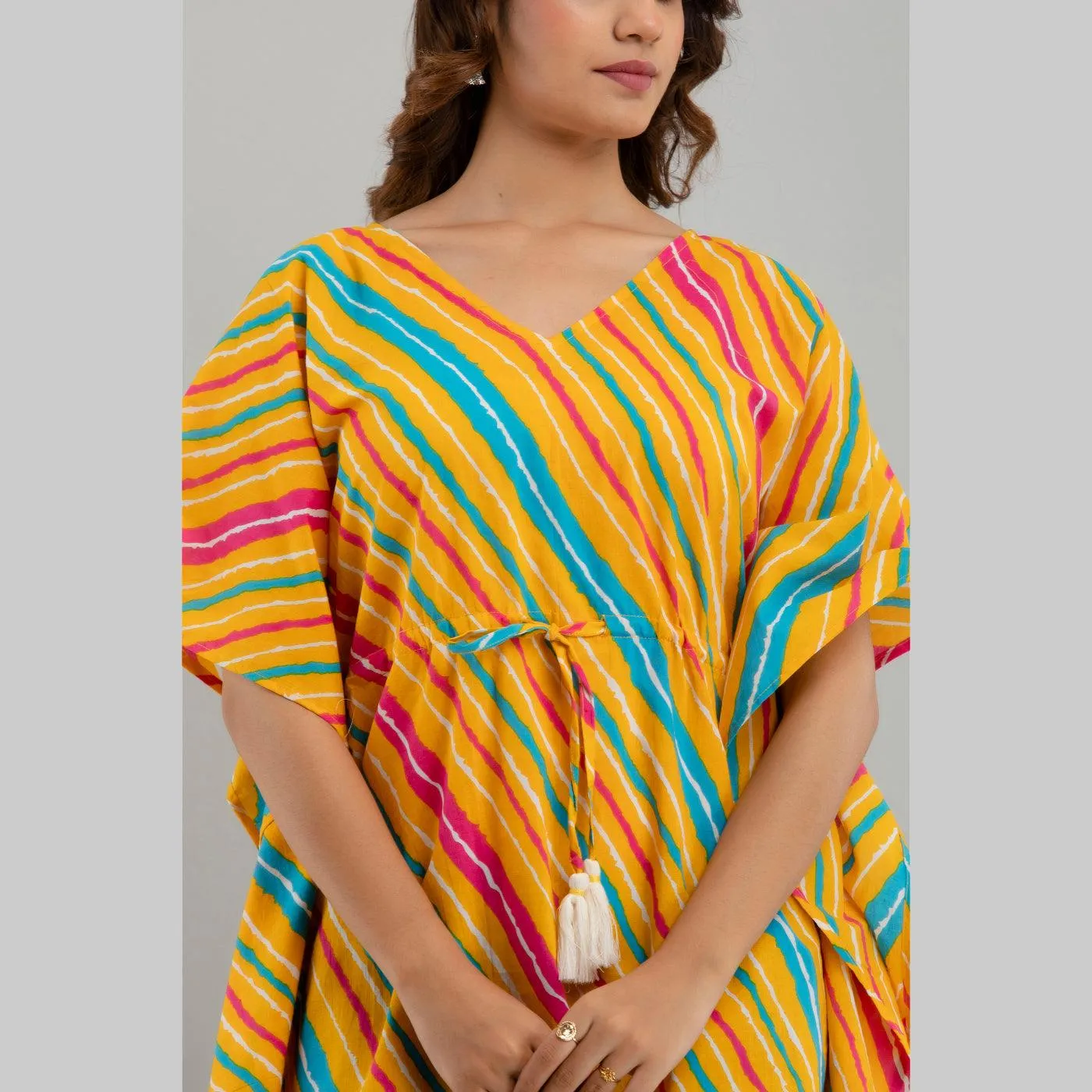Yellow Leheriya Print Cotton Kaftan Dress (SHKUP1227)