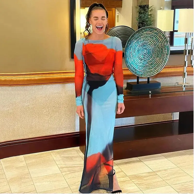 Yiiciovy Sexy Women’s Slim Fit Long Dress Cover-Ups Floral Beach Dress with Sheer Mesh Long Sleeves and Side Split